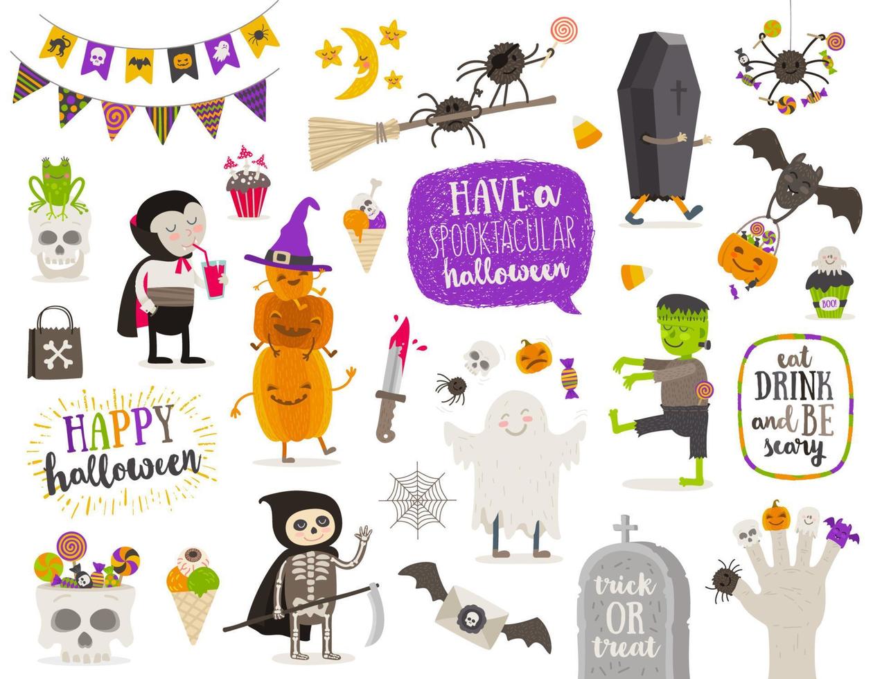 Set of halloween sign, symbol, objects, items and cartoon characters. Vector illustration.