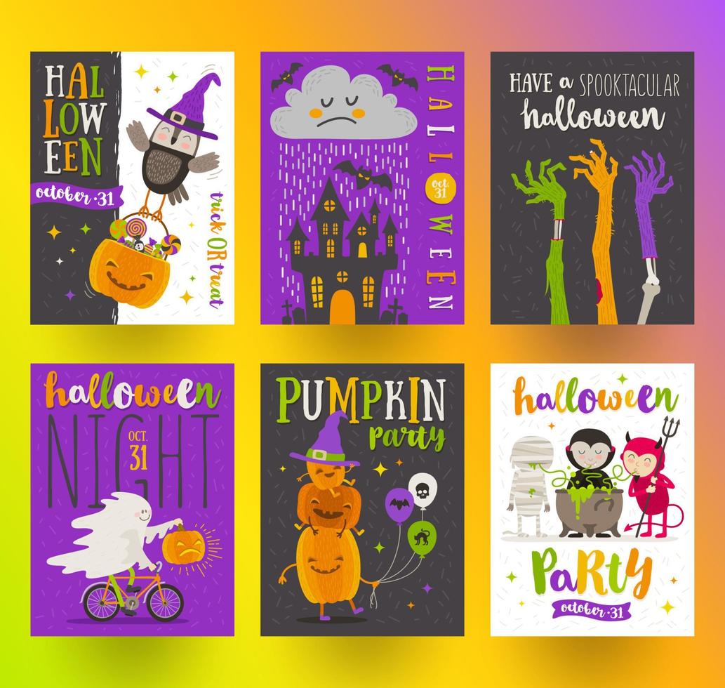 Set of Halloween posters or greeting card with cartoon characters, holiday sign, symbols and type design. Vector illustration.