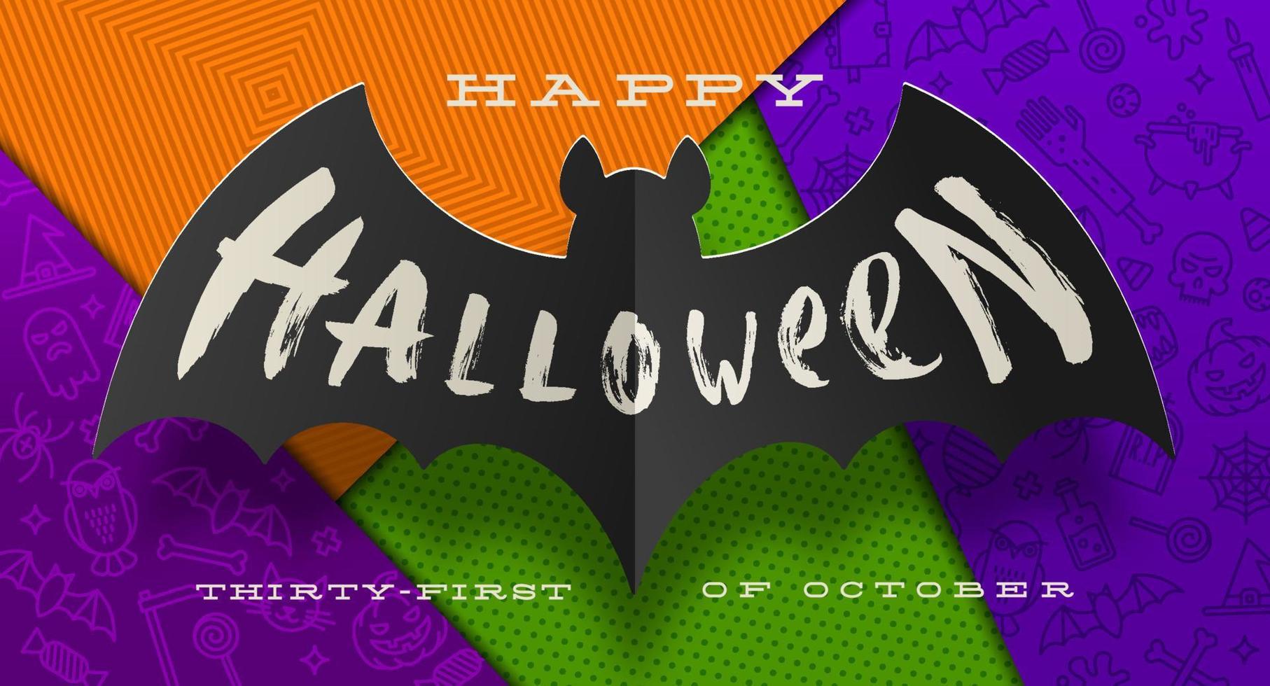 Halloween Vector illustration. Brush calligraphy greeting on a silhouette of paper bat