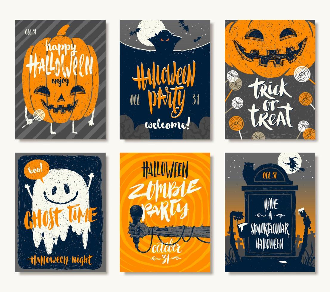 conjunto vectorial de vacaciones de halloween invitación dibujada a mano o tarjeta de felicitación con saludos de caligrafía manuscrita, palabras y frases. vector