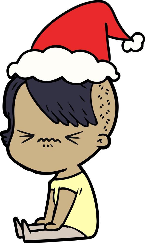 line drawing of a annoyed hipster girl wearing santa hat vector