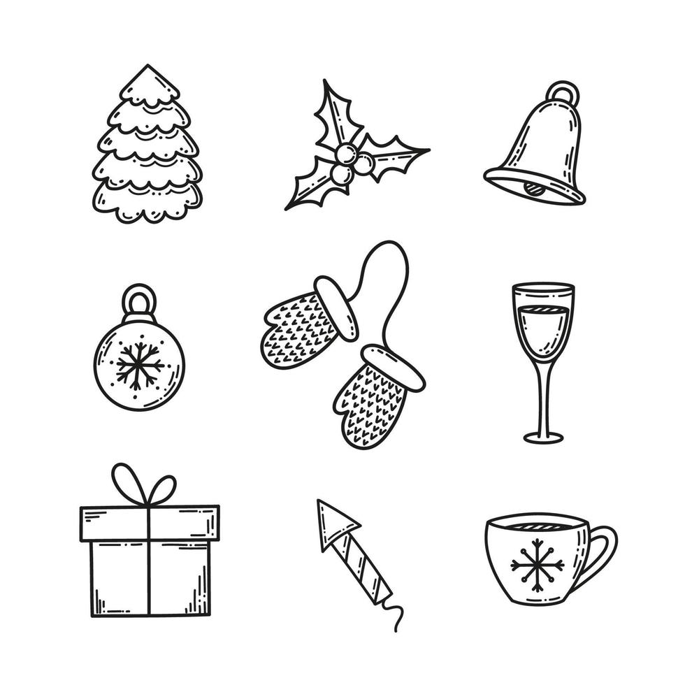 Cute winter doodle outline elements drawn in sketch style vector