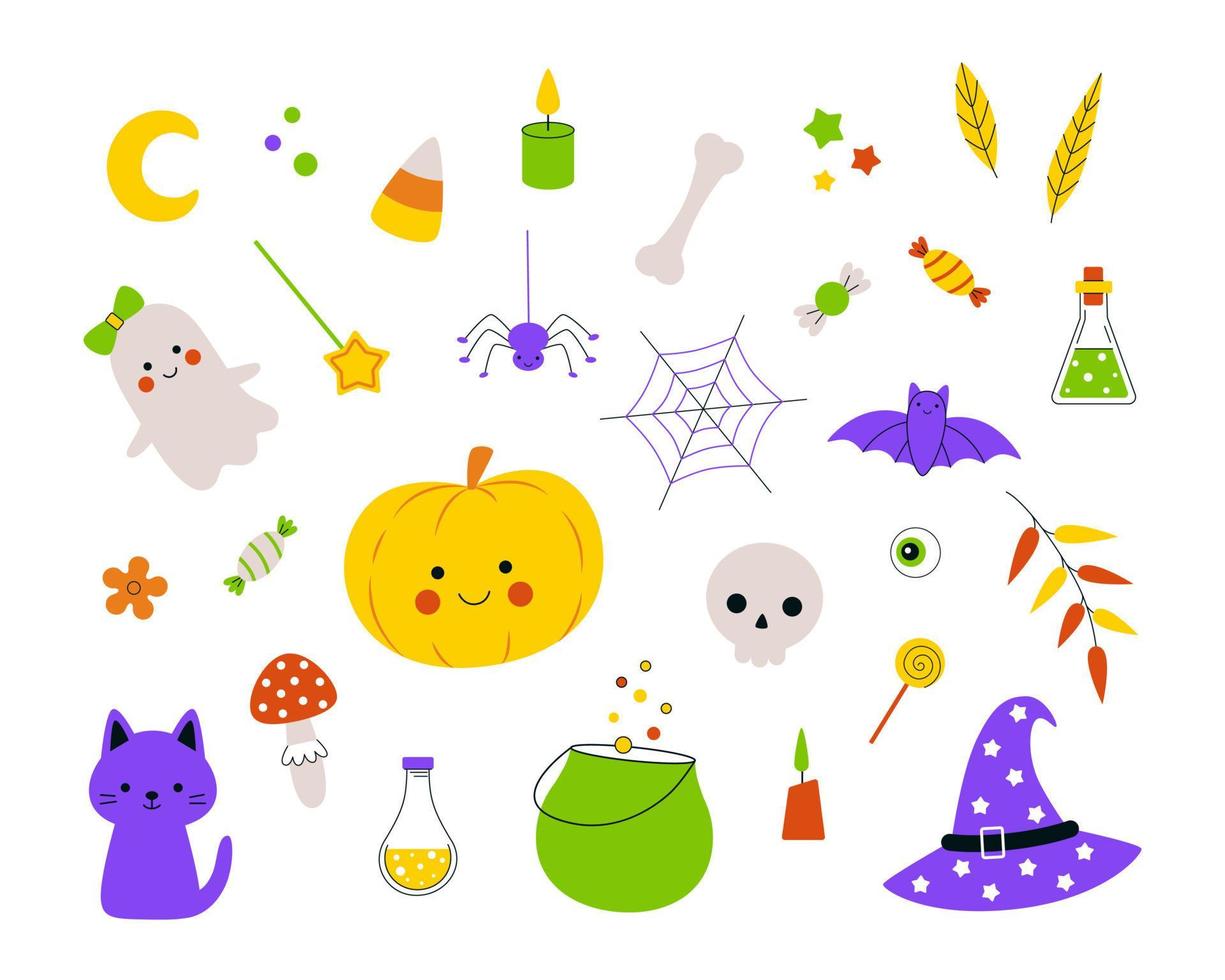 Vector set of cute cartoon characters and Halloween items