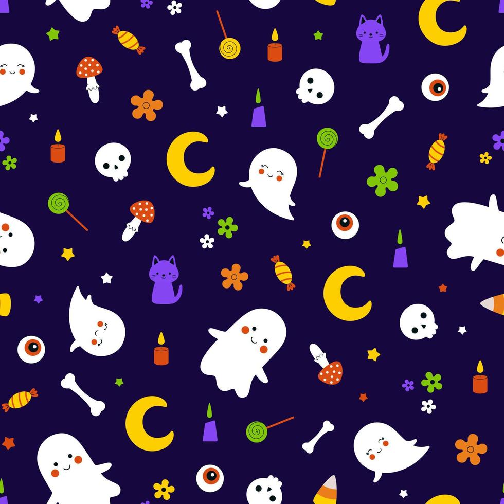 Funny childish pattern with hand-drawn cartoon Halloween elements vector