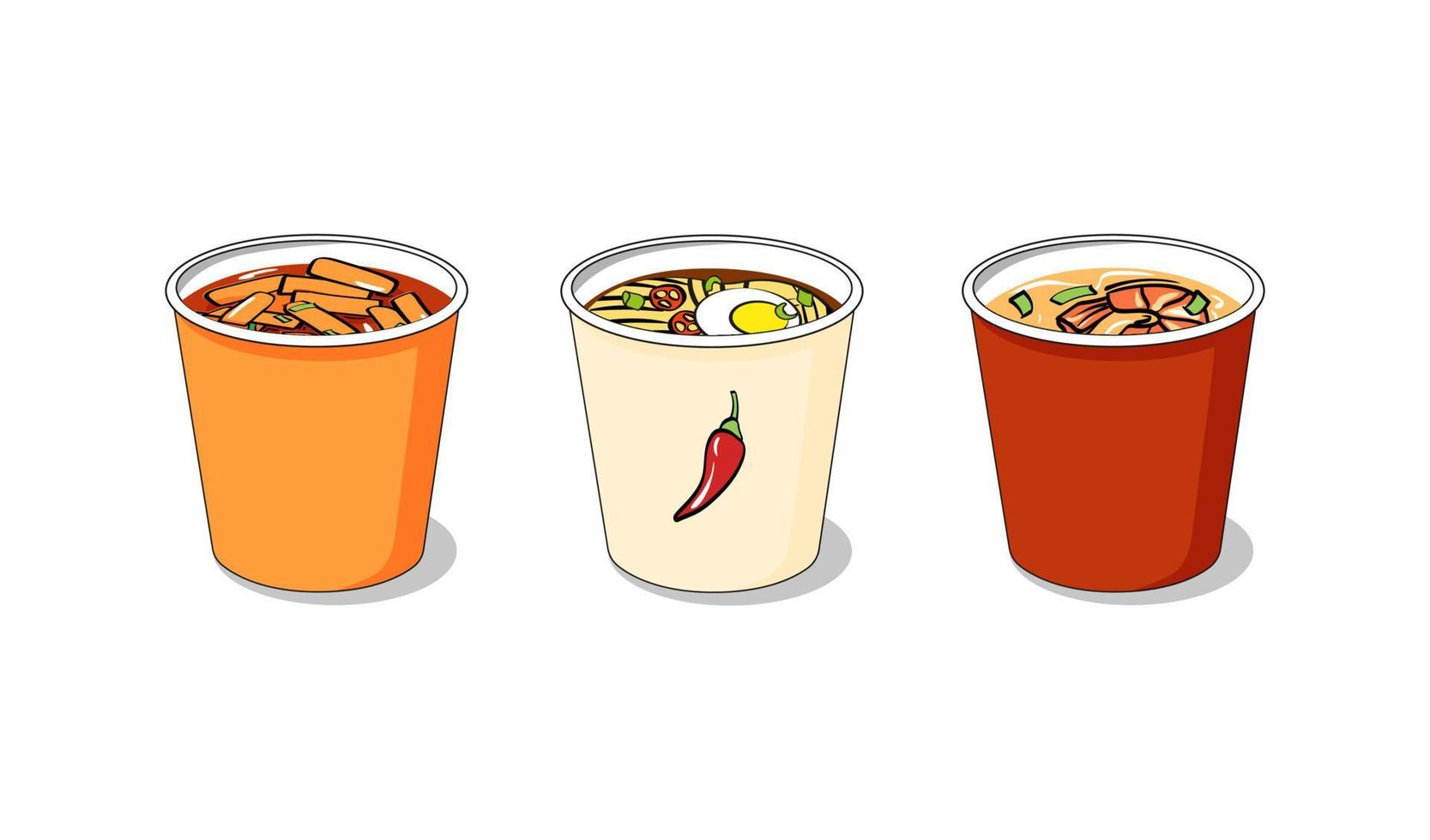 A set of traditional Korean dishes in instant takeaway cups - tteokbokki, ramen, spicy shrimp soup. Popular asian food in flat cartoon style on isolated white background for icons, logos, menus vector