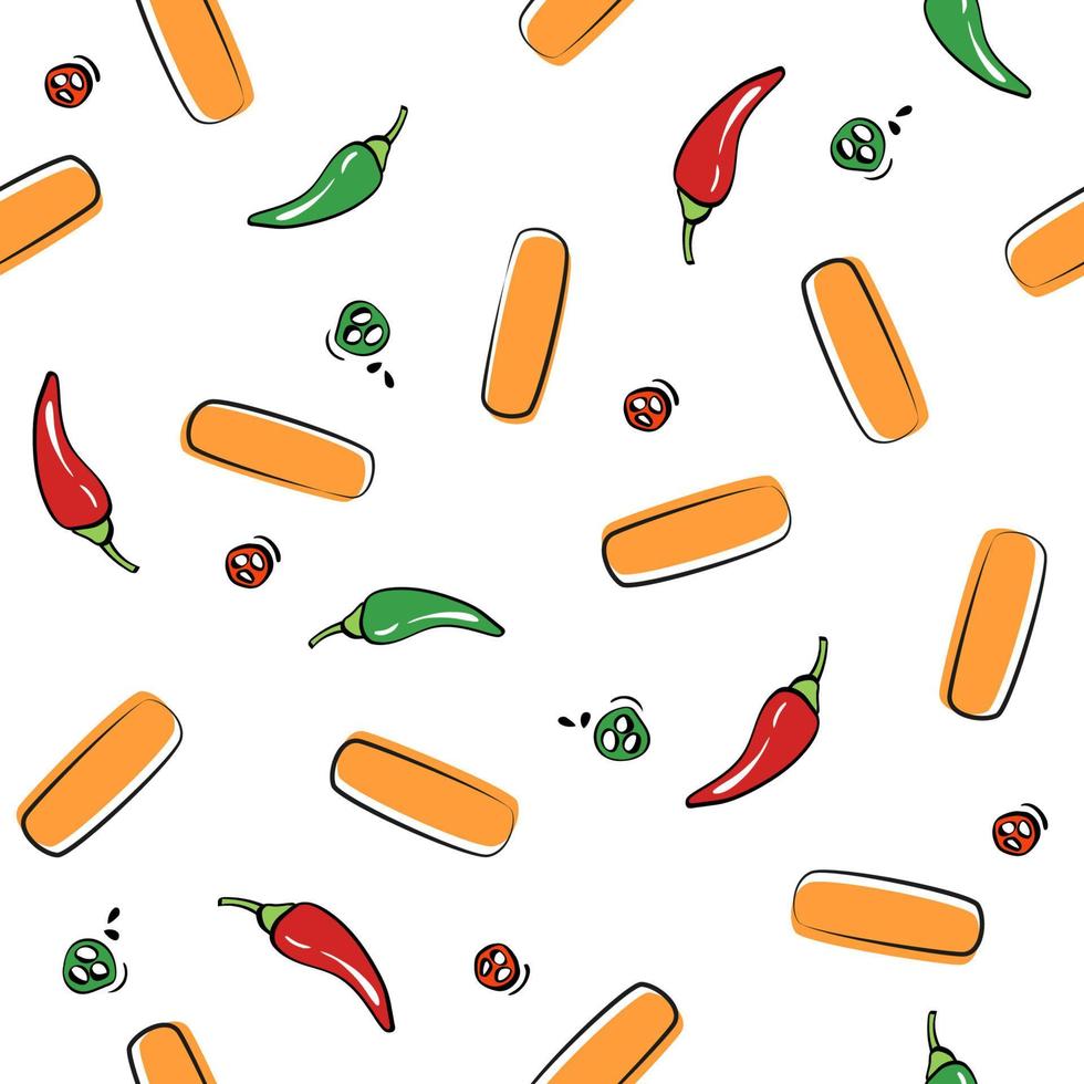 patrón vectorial sin costuras con comida tradicional coreana - palitos de arroz tteokbokki y chiles vector