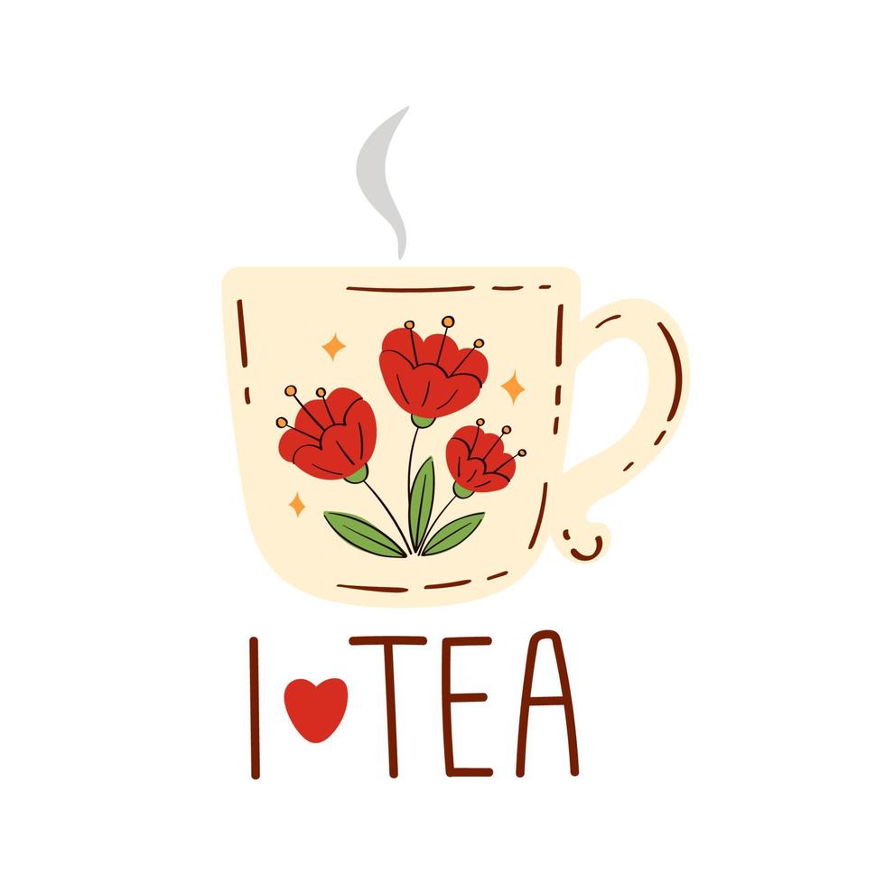 taza de té con flores y letras me encanta el té vector