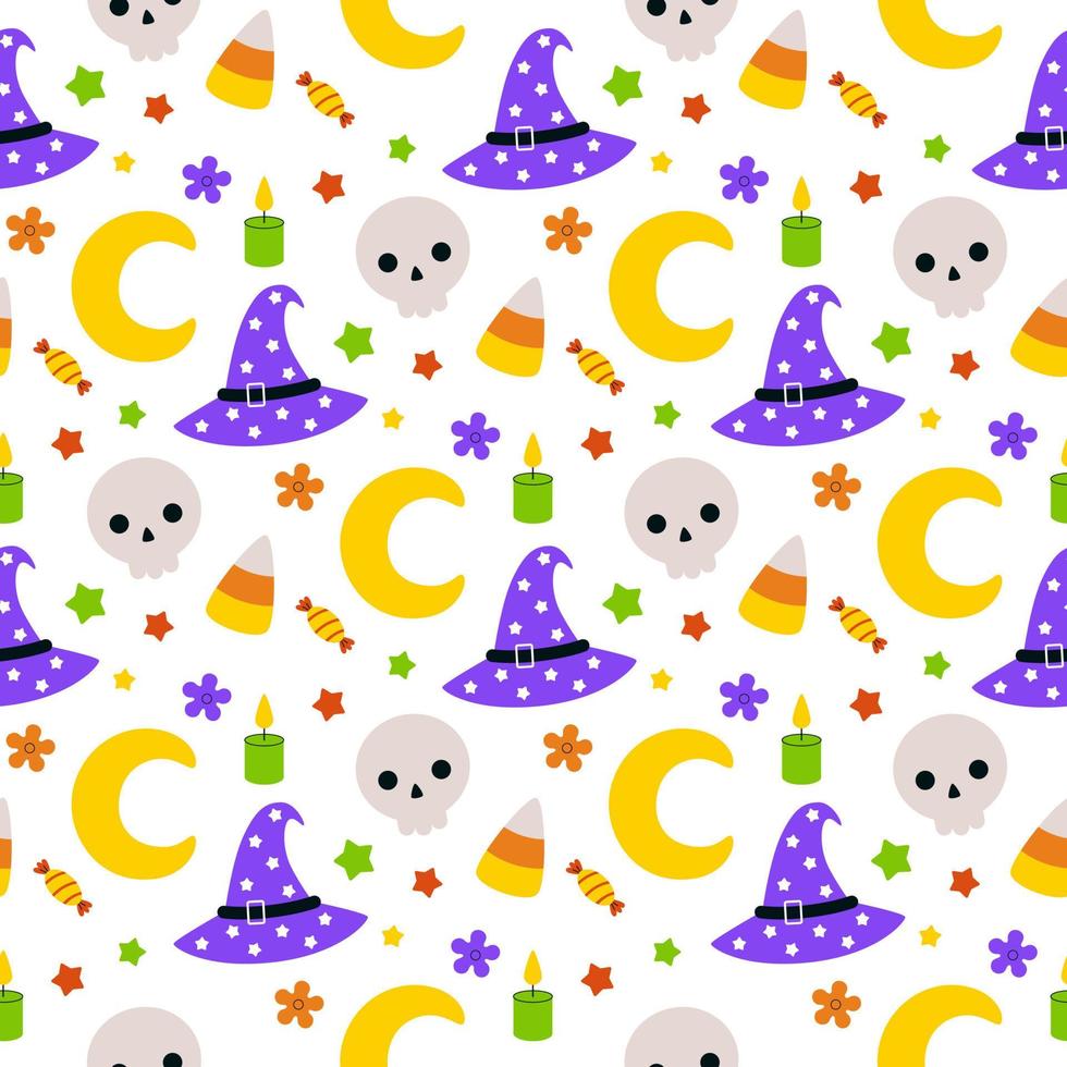 Seamless vector pattern with hand-drawn cartoon Halloween elements