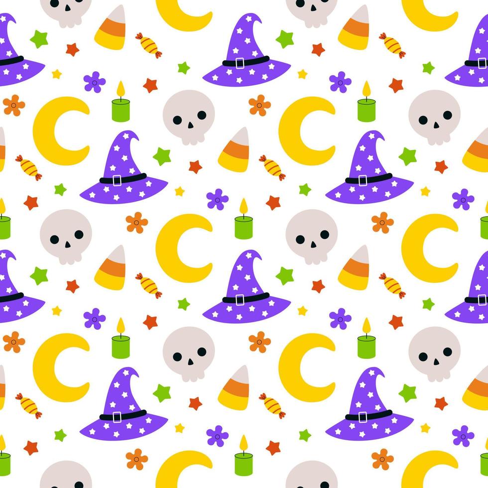 Seamless vector pattern with hand-drawn cartoon Halloween elements