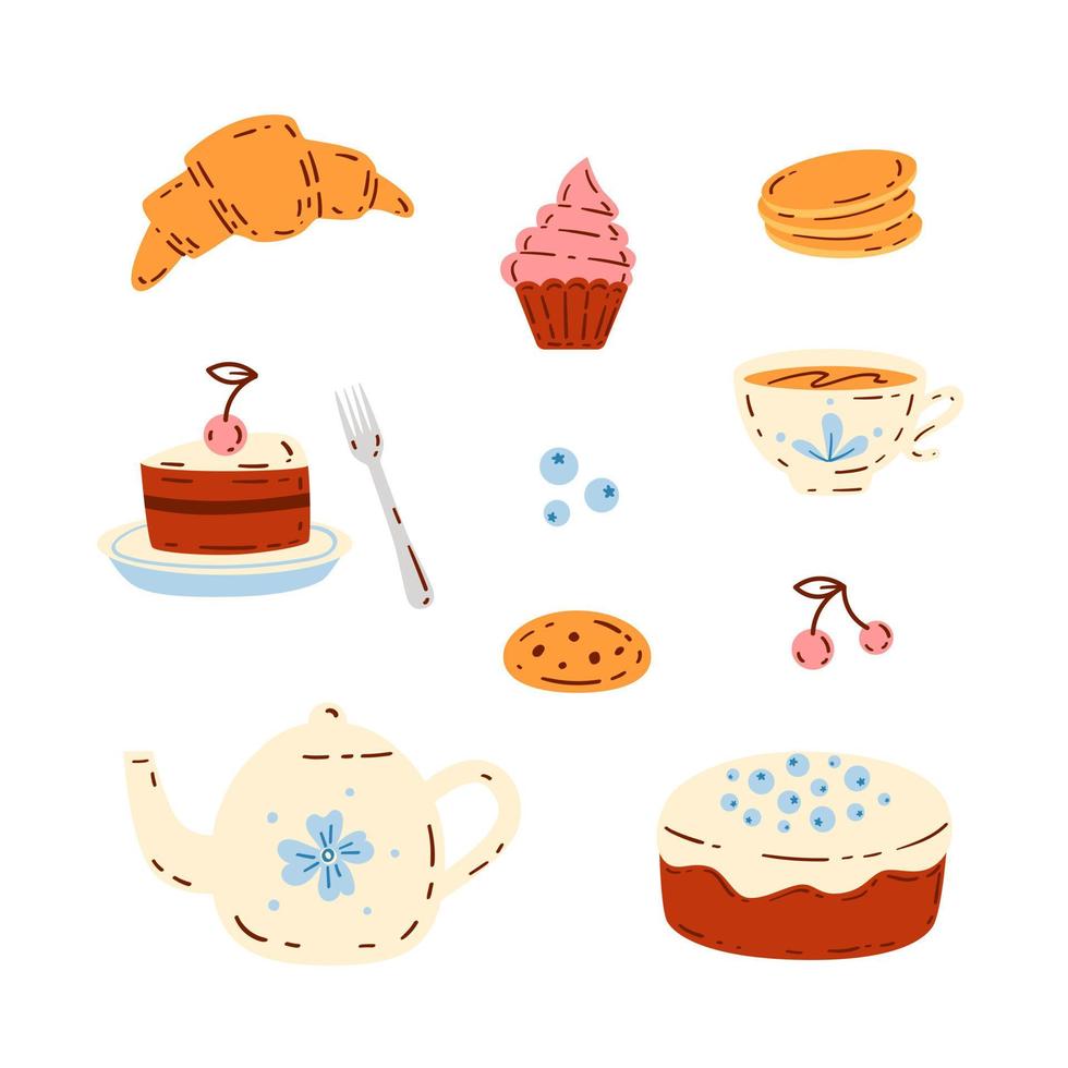 Tea time elements set. Cute teapot, cup and snacks vector