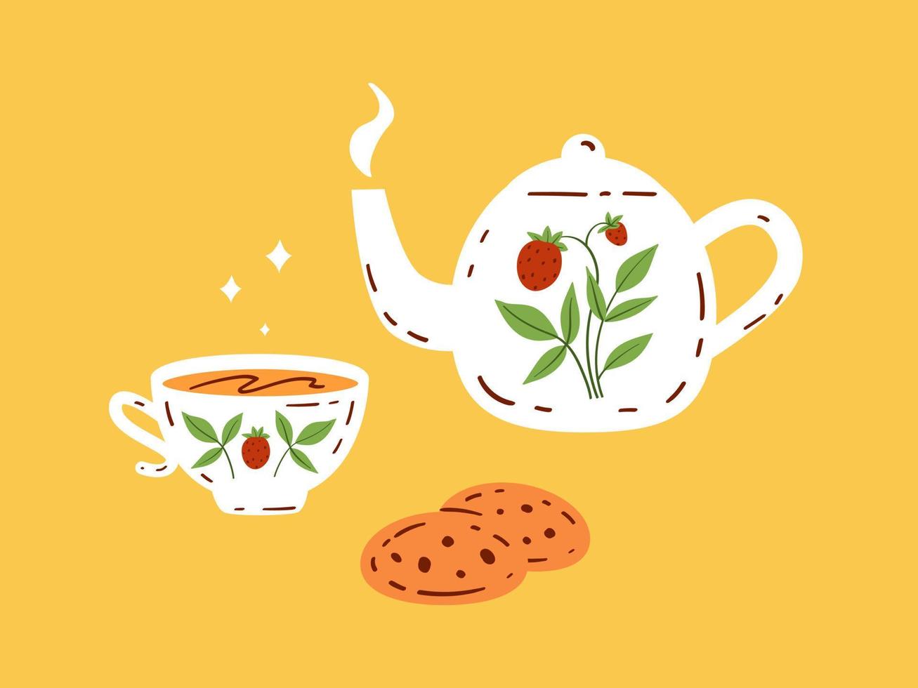 Cute tea time card drawn in doodle style. Vector illustration