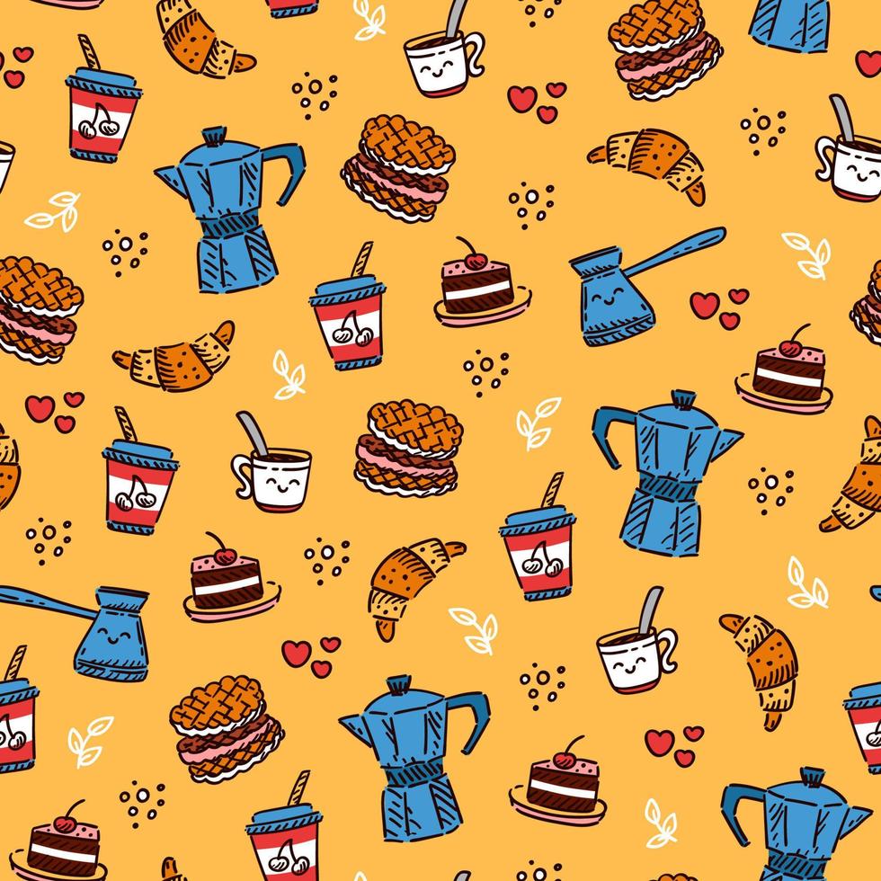 Funny food pattern with coffee pots, mugs and sweet pastries vector