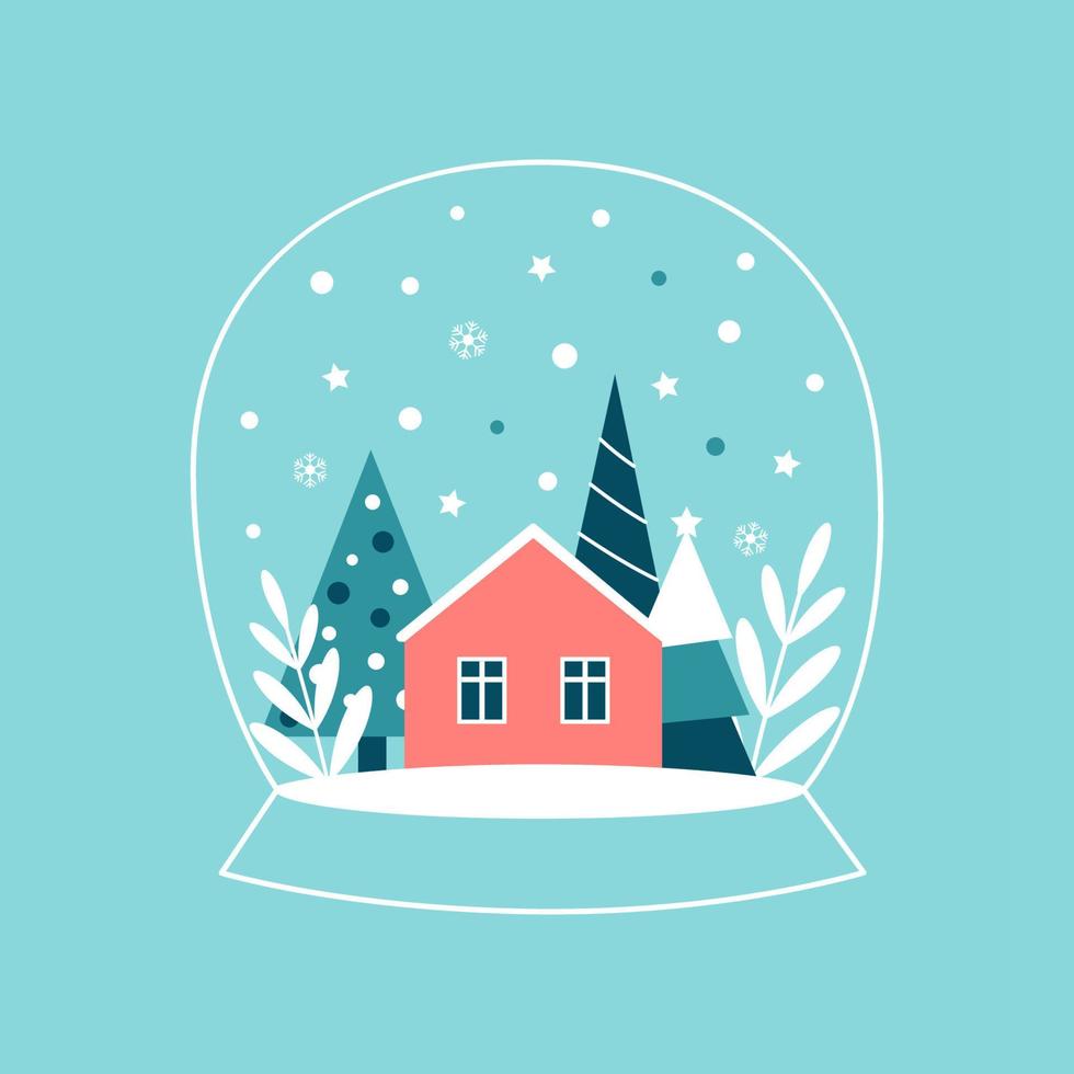 Cute snowy globe with a winter forest landscape and a house vector
