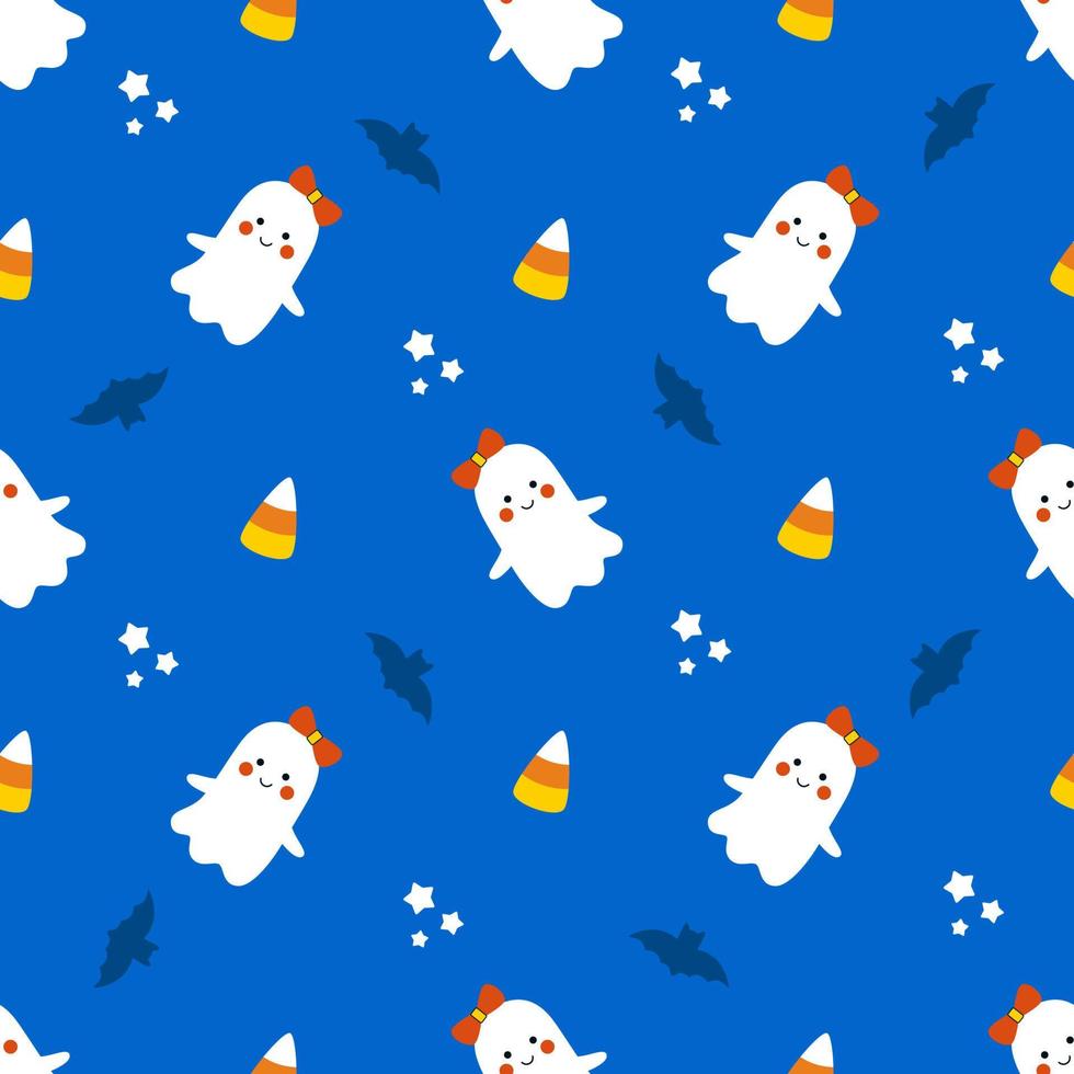 Cute Halloween pattern with little ghosts, bats and sweets vector