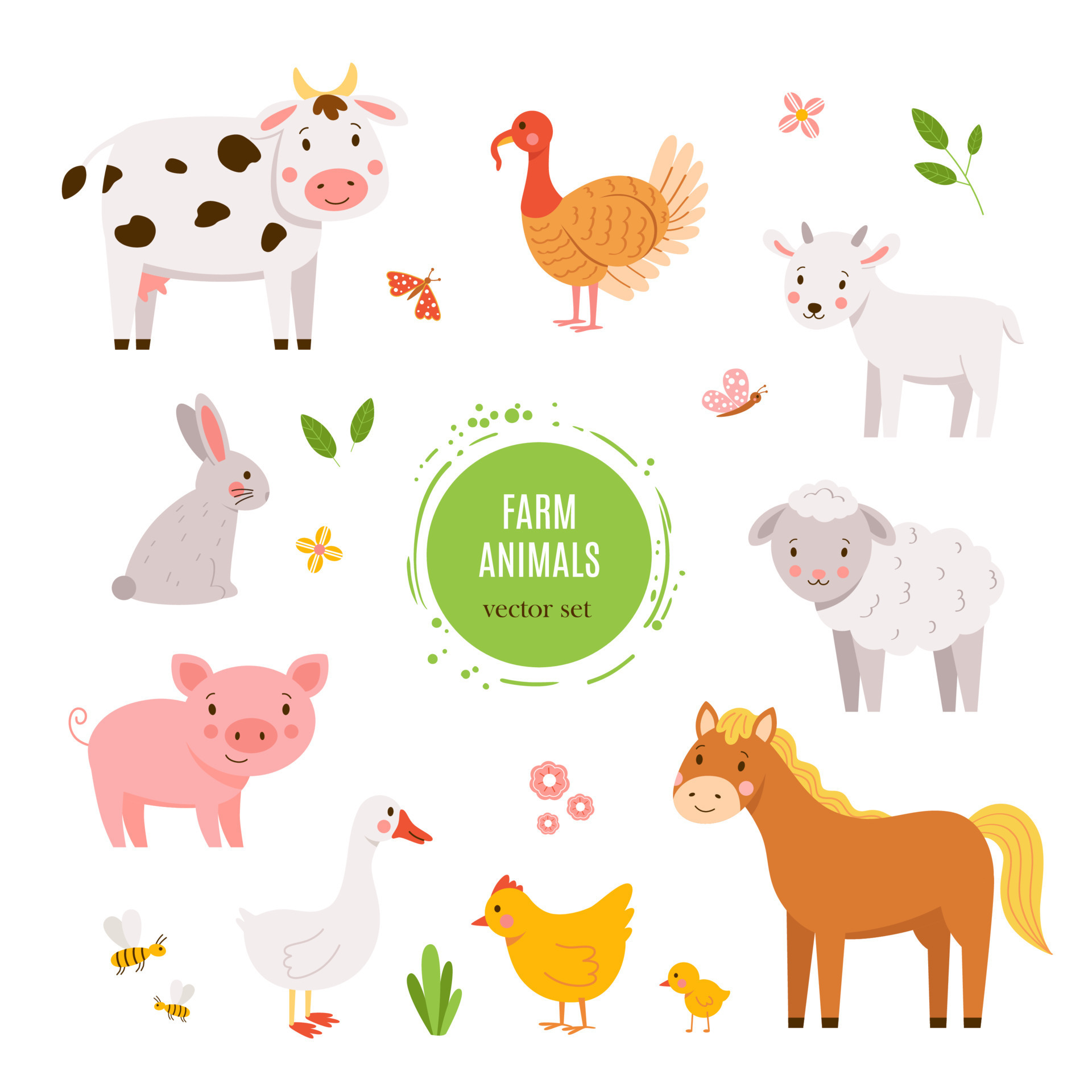 Vector cartoon set of farm baby animals isolated on white background. Cute  and happy hand drawn cow, turkey bird, goat, sheep, horse, pig, hen, bunny  and goose. Cheerful kids illustration 10550766 Vector