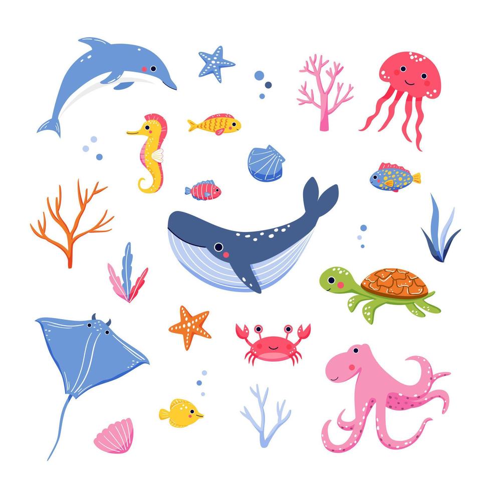 Set of cute hand drawn sea animals and coral reef inhabitants in cartoon style vector