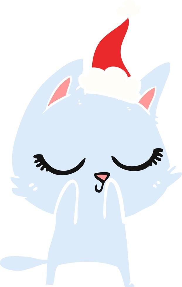 calm flat color illustration of a cat wearing santa hat vector