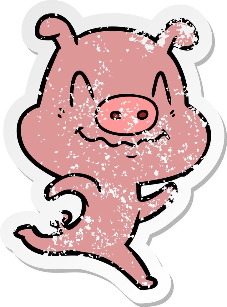 distressed sticker of a nervous cartoon pig vector