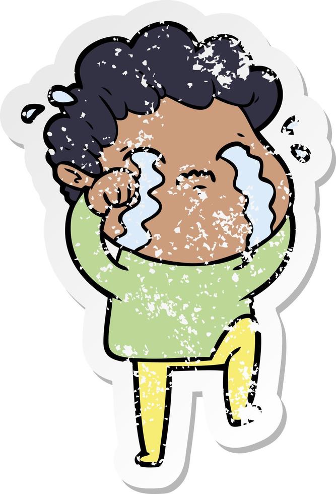distressed sticker of a cartoon man crying vector