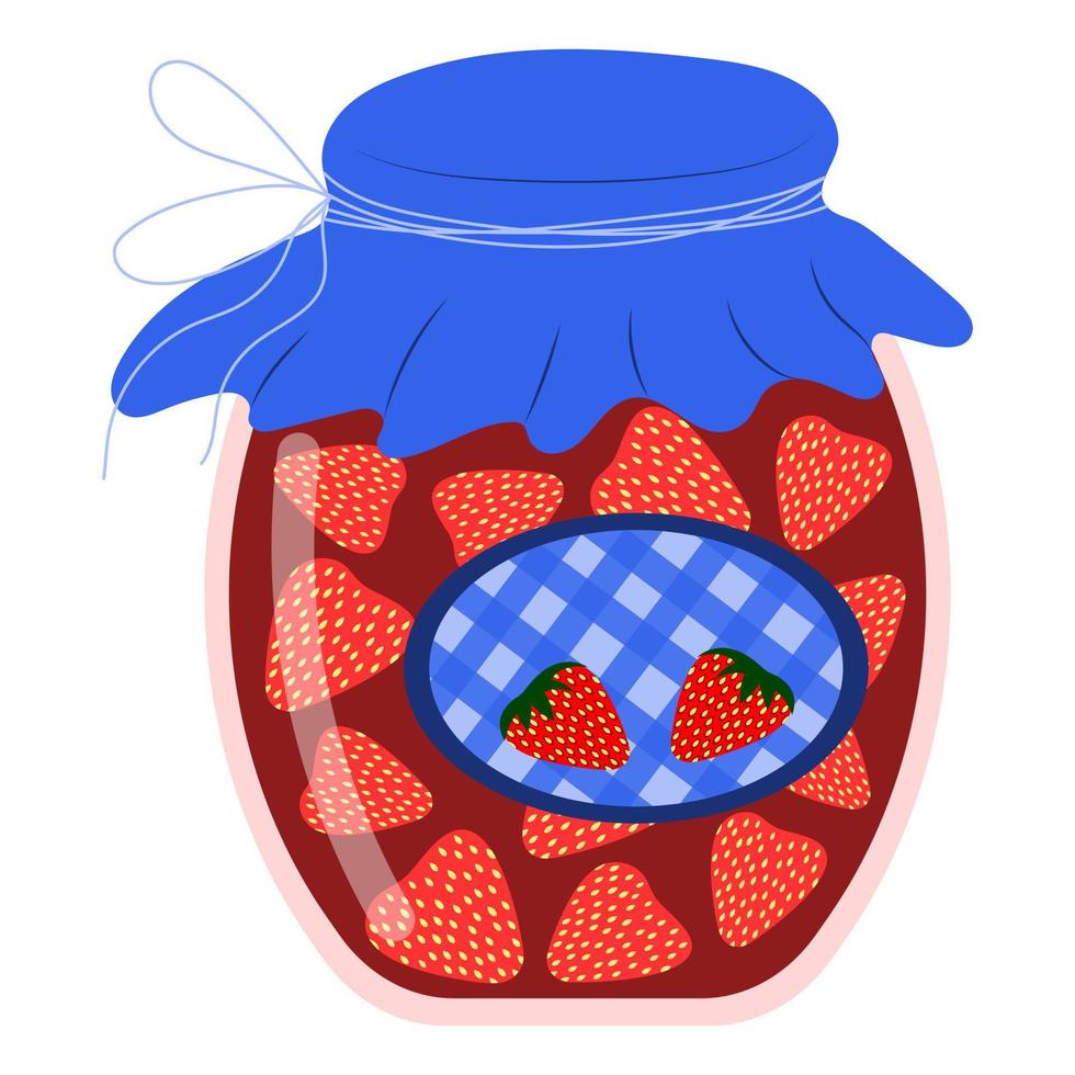 Jar of strawberry jam in cartoon style, vector isolated on a white background.