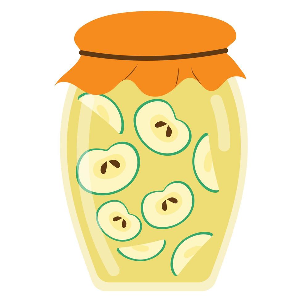 tarro con compota de manzana en estilo de dibujos animados, vector aislado en un fondo blanco.