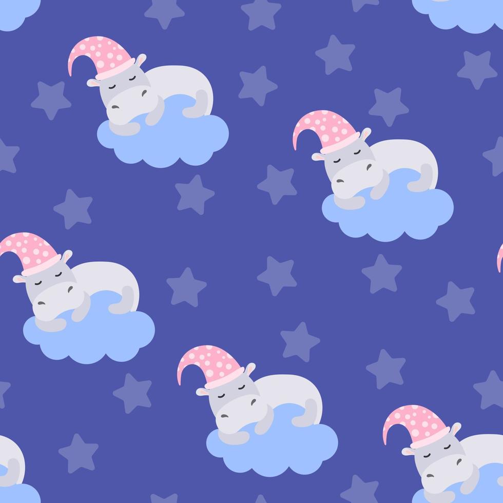 Seamless pattern. Cute hippo sleeps on a cloud on a blue background. Lullaby theme. Vector cartoon illustration
