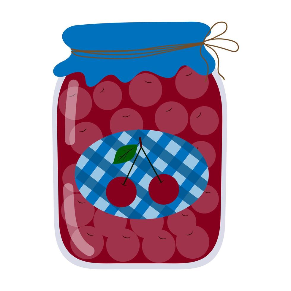 Jar with jam and cherry compote in cartoon style, vector isolated on a white background.