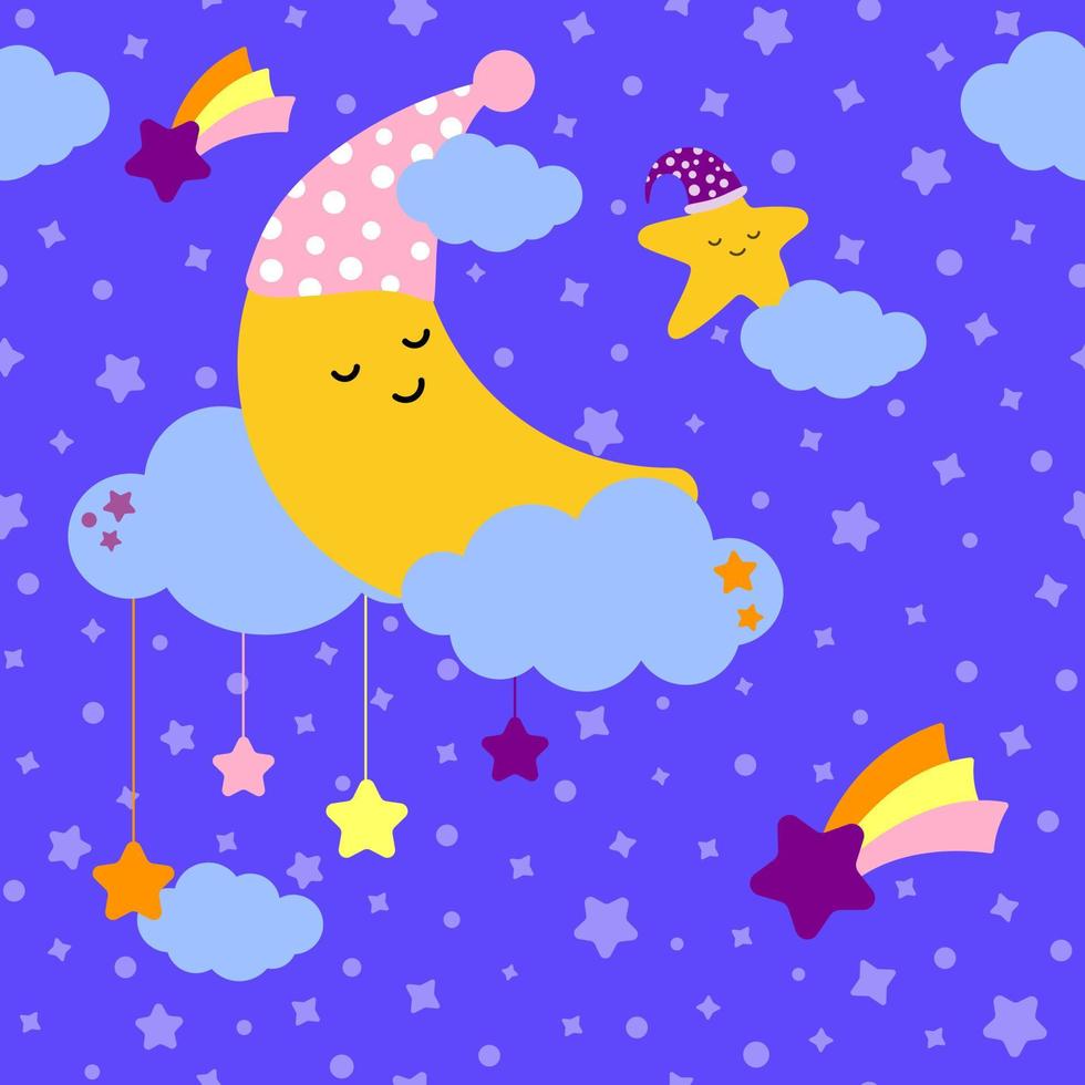 patrón sin costuras una linda luna amarilla duerme en nubes sobre un fondo azul. tema de la canción de cuna. ilustración de dibujos animados de vectores