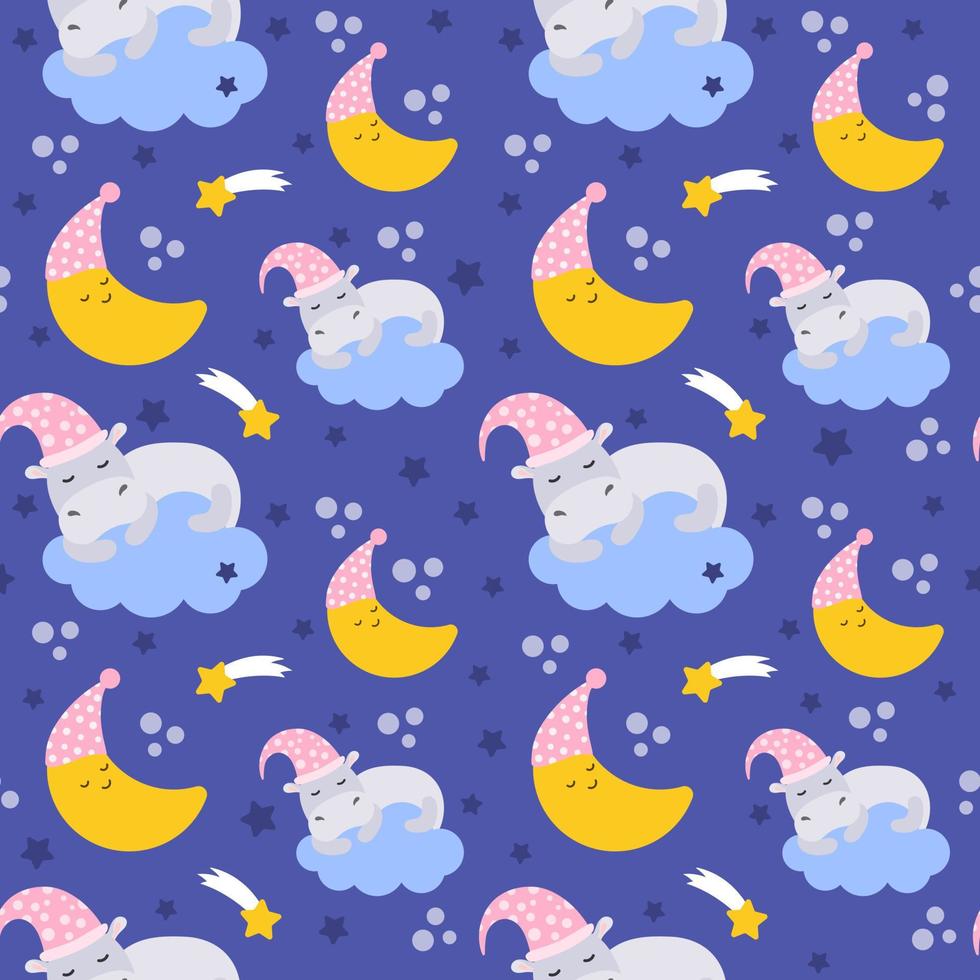 Seamless pattern. Cute hippopotamus sleeps on a cloud, the moon in a hat for sleeping on a blue background. Lullaby theme. Vector cartoon illustration
