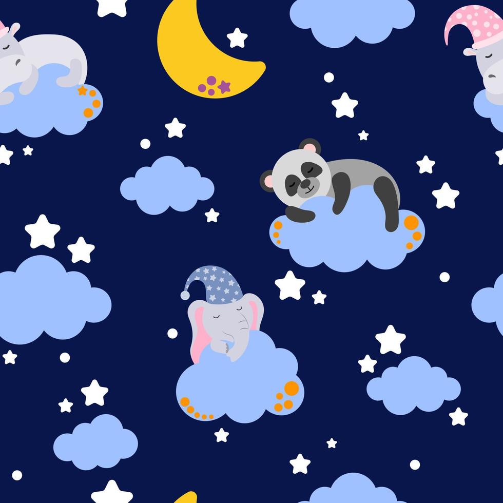 patrón sin costuras lindo hipopótamo, panda y elefante están durmiendo en una nube sobre un fondo azul. tema de la canción de cuna. ilustración de dibujos animados de vectores