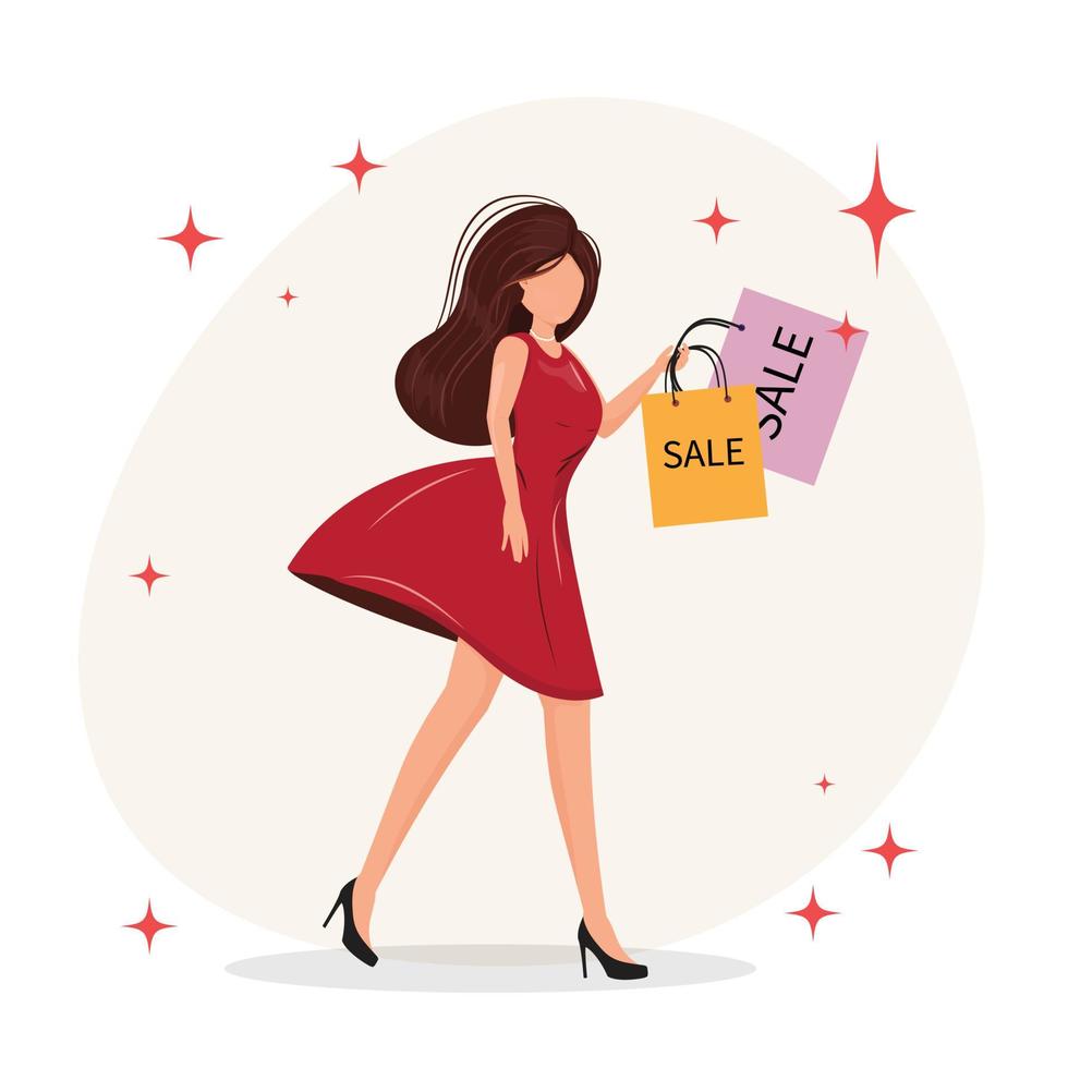 joven mujer feliz caminando con bolsas de compras. venta, ganga, ventas de temporada, ilustración de concepto de descuento en estilo plano sin rostro. mujer bonita en el vestido rojo. vector