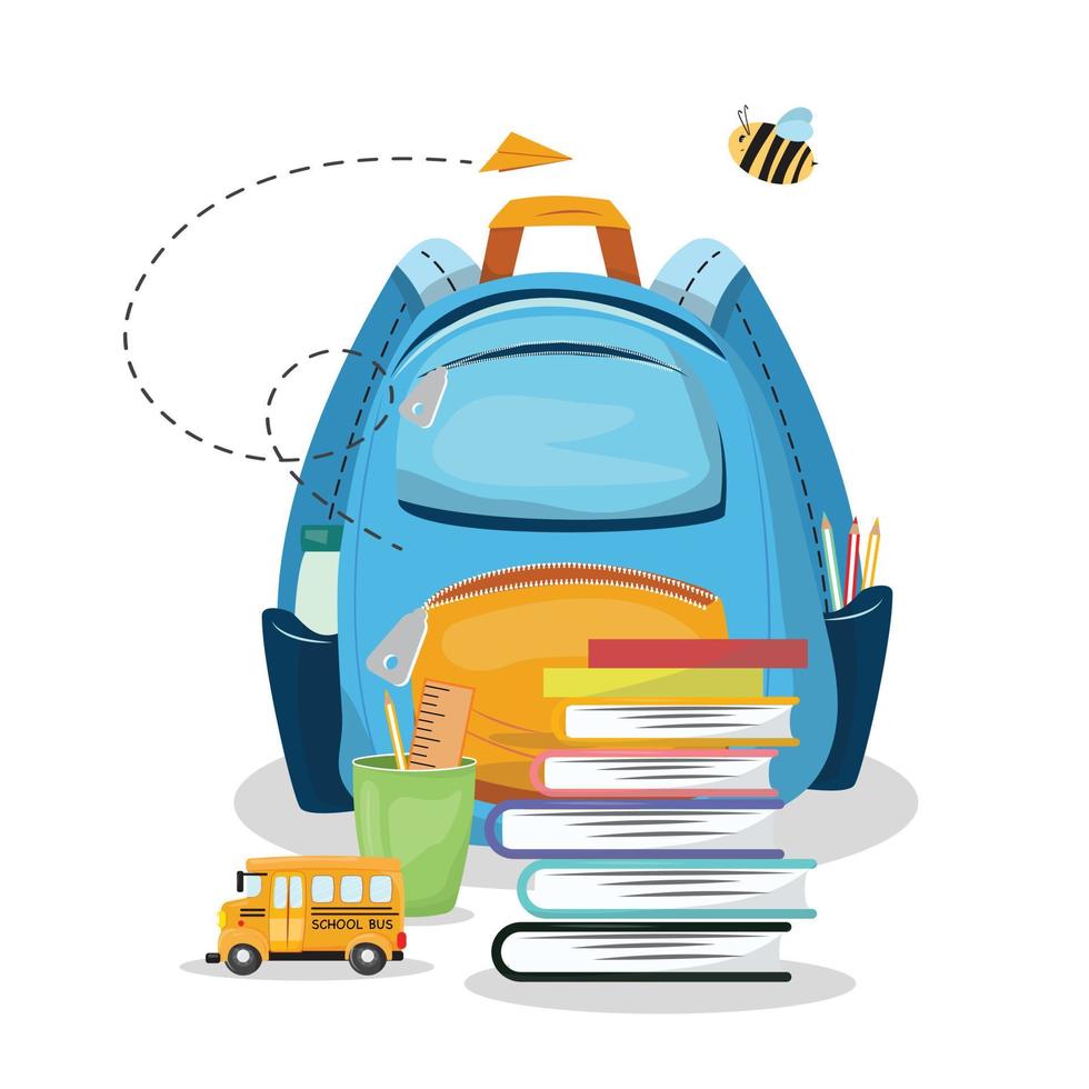 ilustración con mochila, autobús escolar, libros en estilo moderno de caricatura plana. regreso a la escuela, educación, conocimiento, concepto de estudio. vector