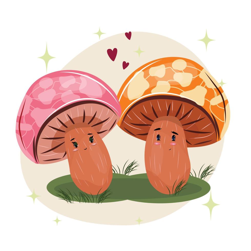 lindos champiñones pequeños acurrucados en el bosque. ilustración de pequeños hongos adorables en el bosque en una ilustración de caricatura plana. vector