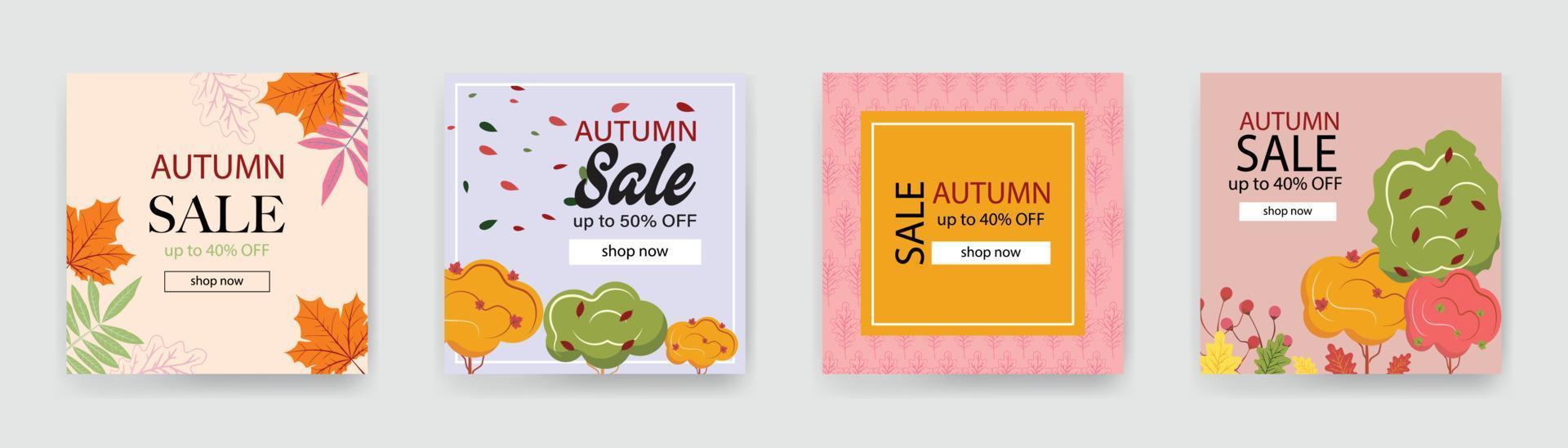 Collection of autumn sale square template. For cards, vouchers, banners, posters, advertisements. vector