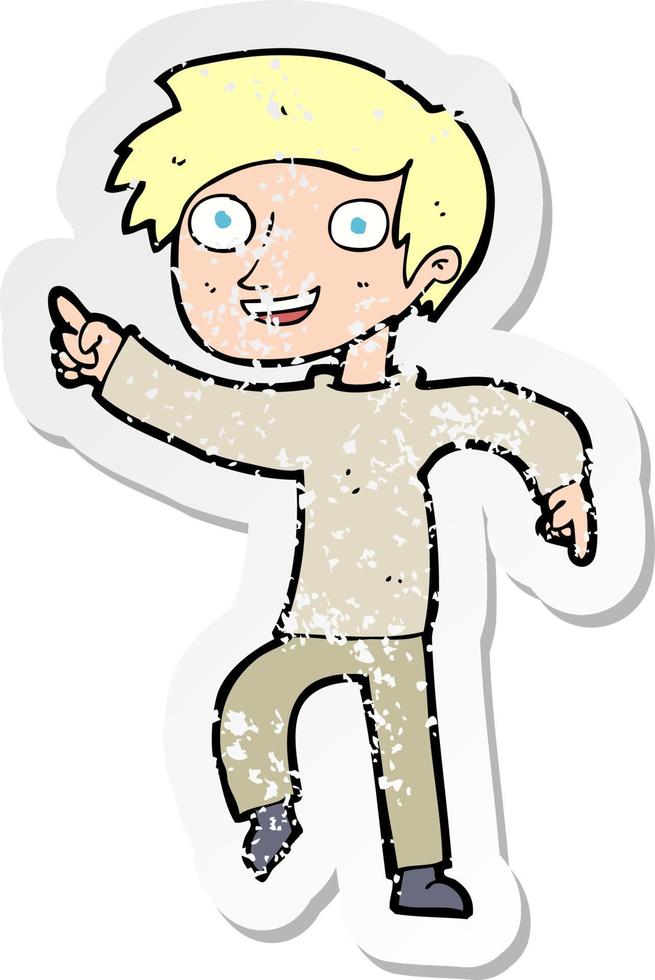 retro distressed sticker of a cartoon happy boy pointing vector