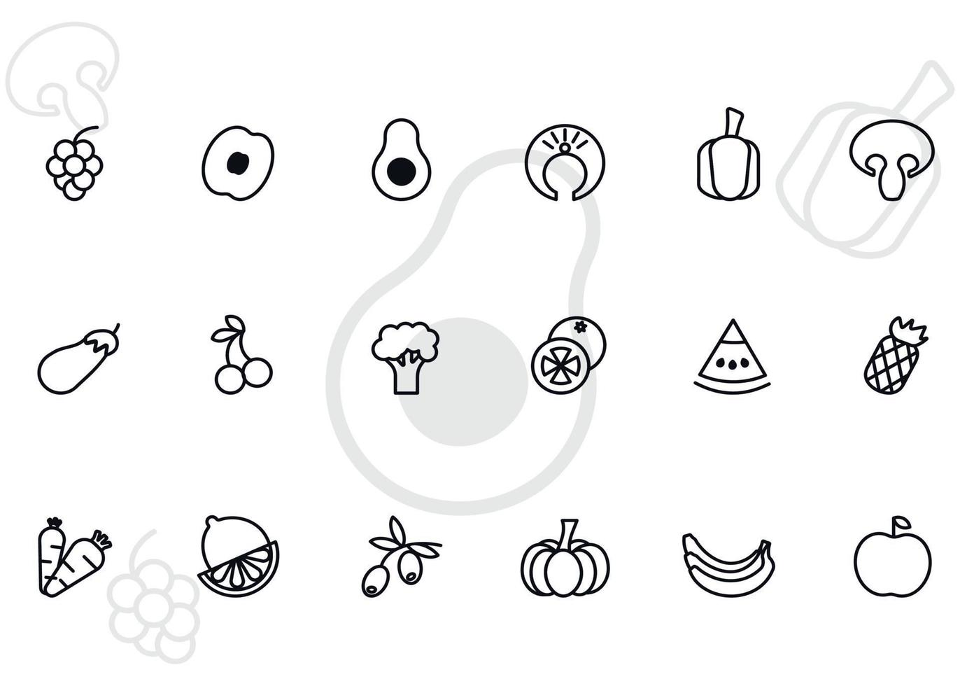 icons, symbols of fruits and vegetables in outline style on a white background with pepper, grapes, mushroom and avocado vector