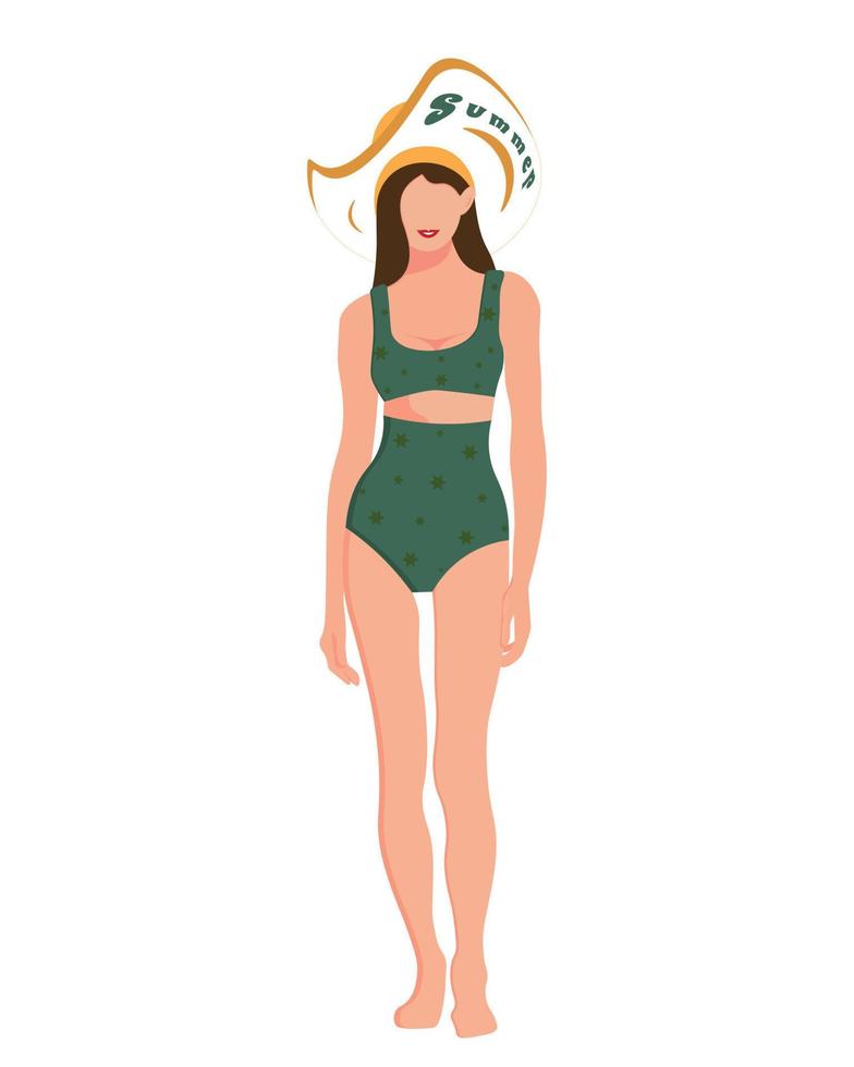 Summer. A sunny girl in a hat walks in a green swimsuit with yellow stars vector