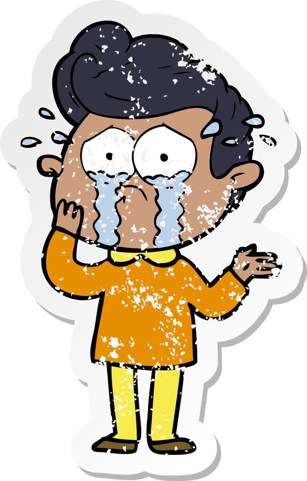distressed sticker of a cartoon worried crying man vector