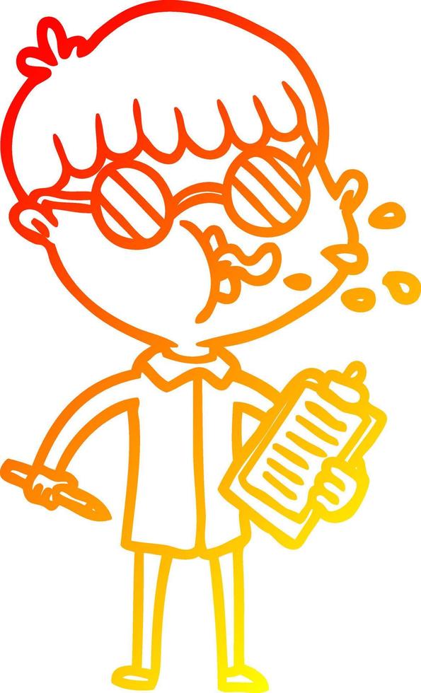 warm gradient line drawing cartoon boy wearing spectacles with clip board vector