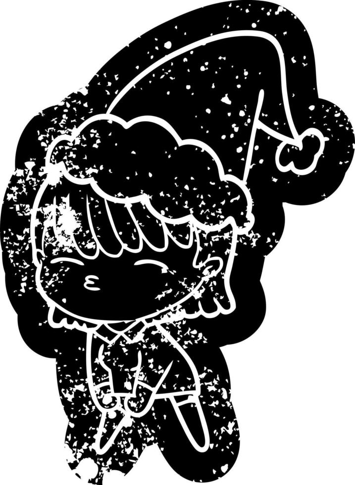 cartoon distressed icon of a woman wearing santa hat vector