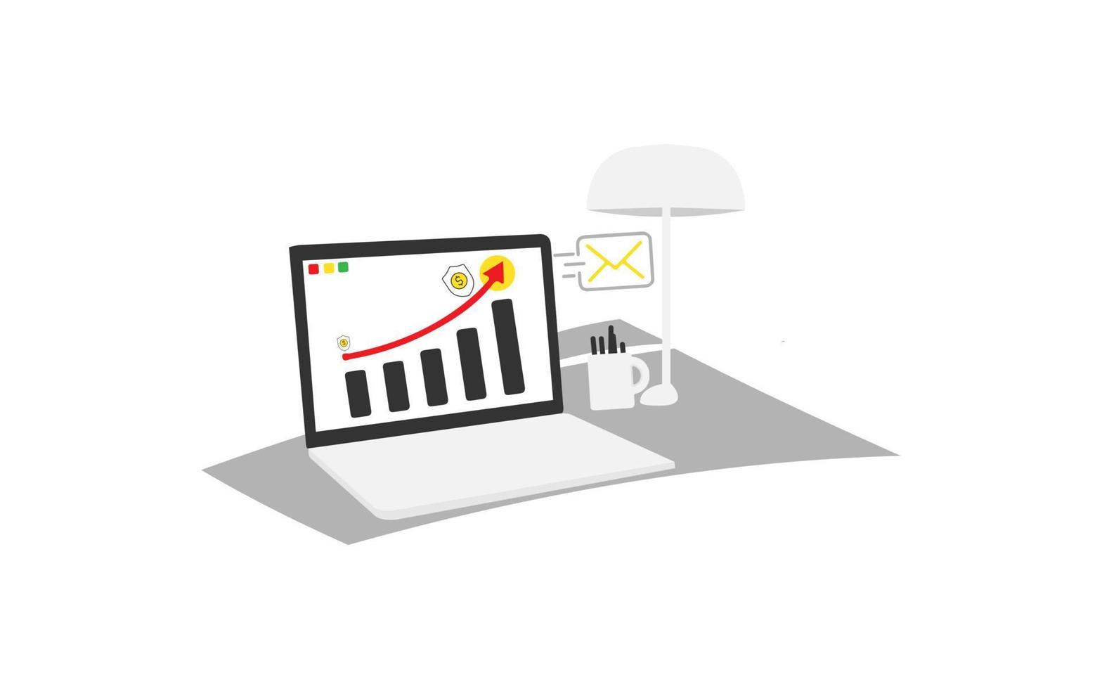 ERP laptop with graph of rising business success. Basic system module icon in the background. Corporate Resource Planning Flat vector illustration