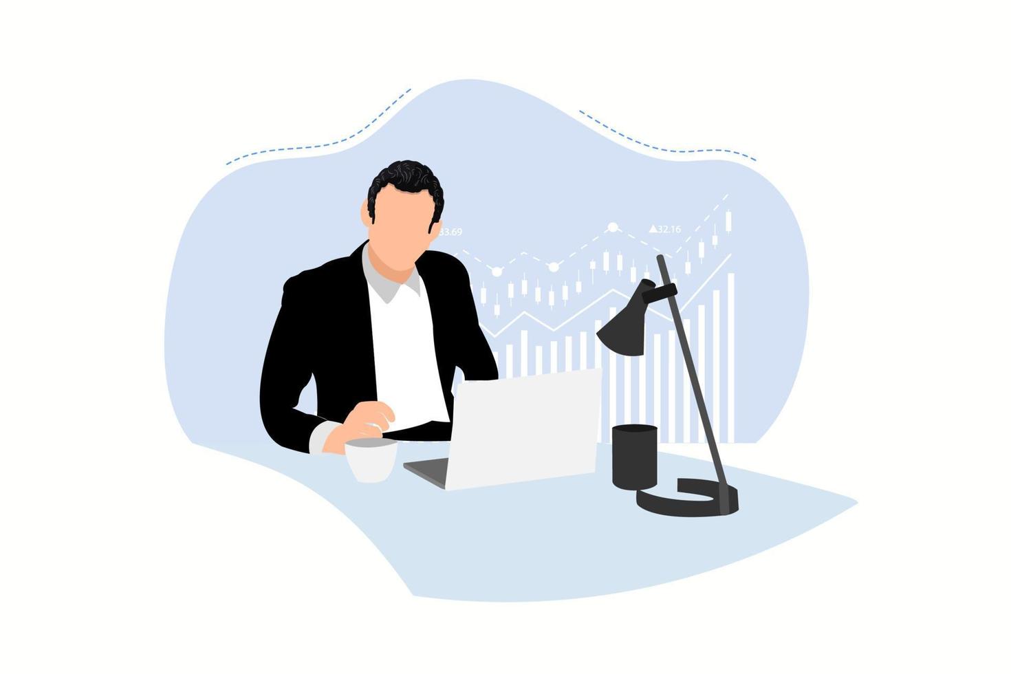 Flat Illustration of a businessman. a man is managing his business with a laptop and others vector