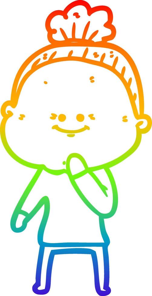 rainbow gradient line drawing cartoon happy old woman vector