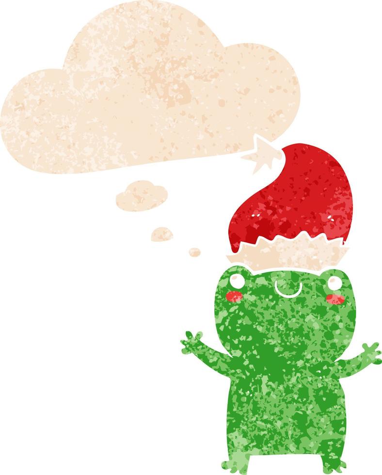 cute christmas frog and thought bubble in retro textured style vector