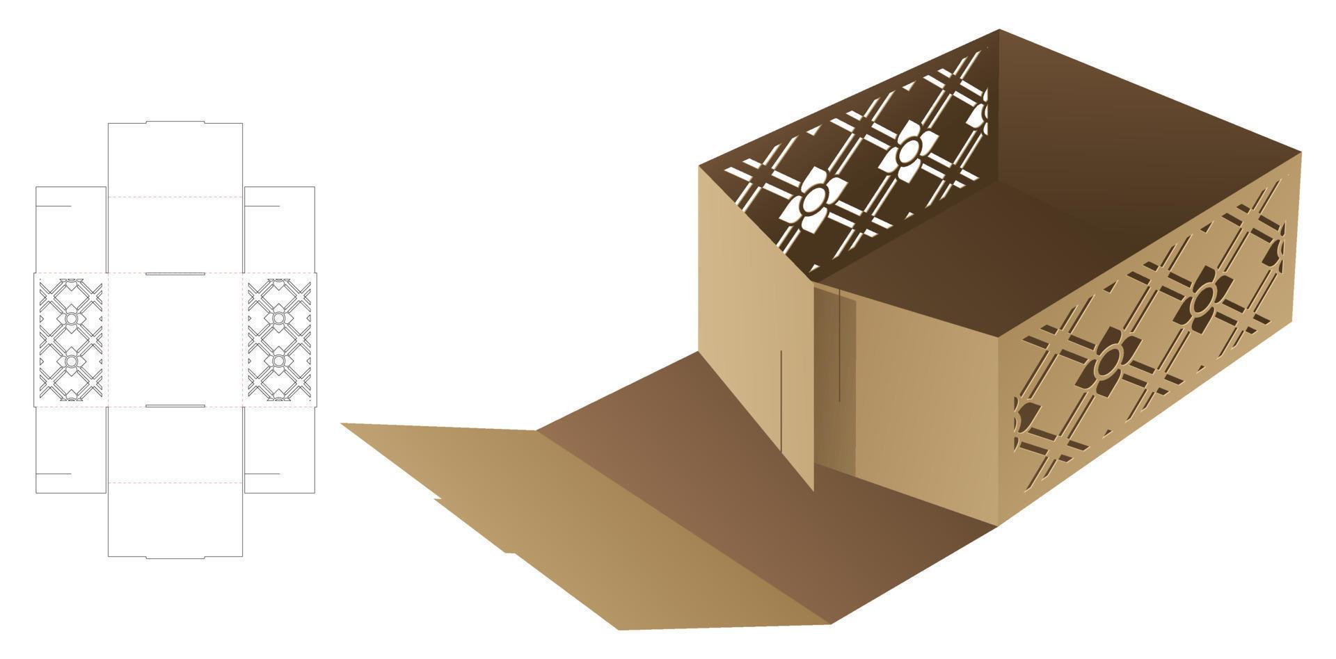 Cardboard folding bowl with stenciled pattern window die cut template and 3D mockup vector