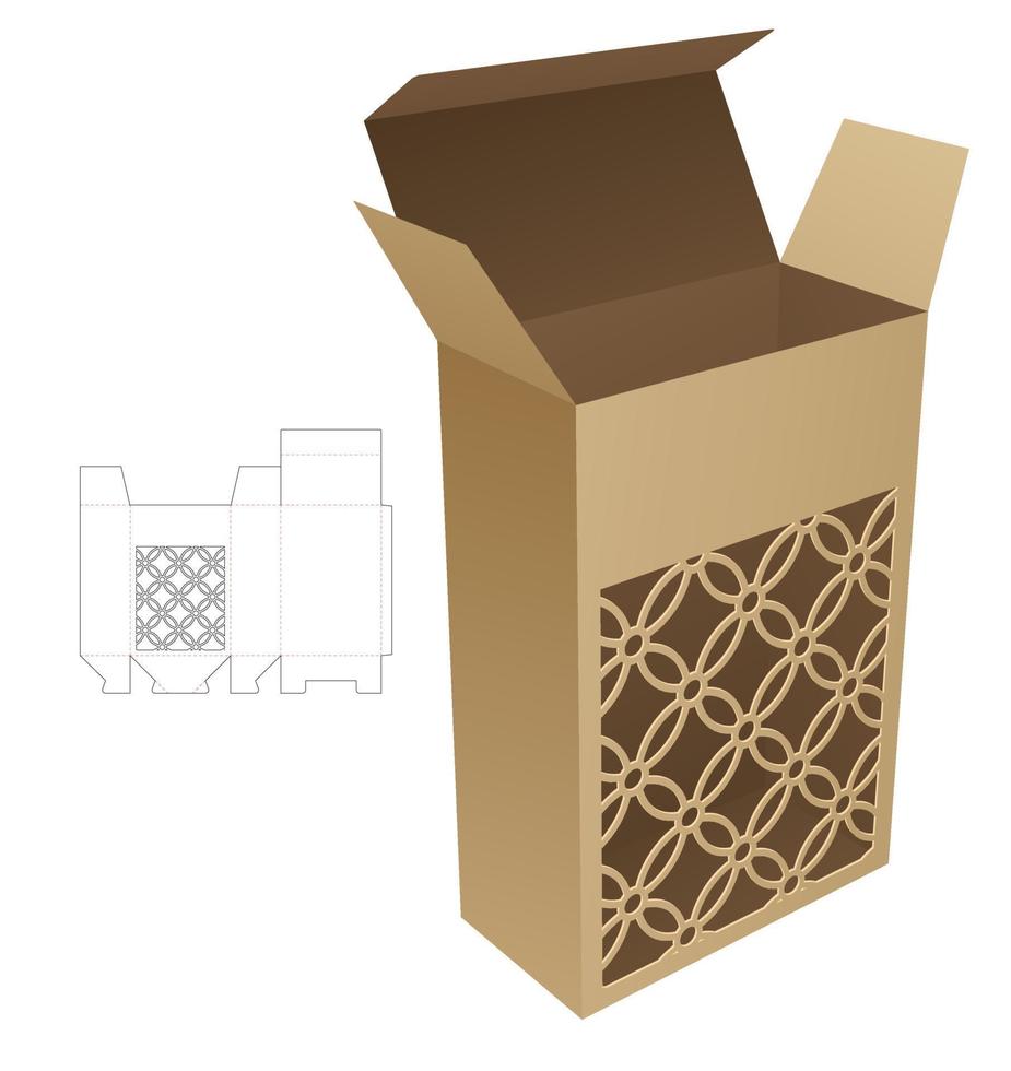 Cardboard box with stenciled window die cut template and 3D mockup vector