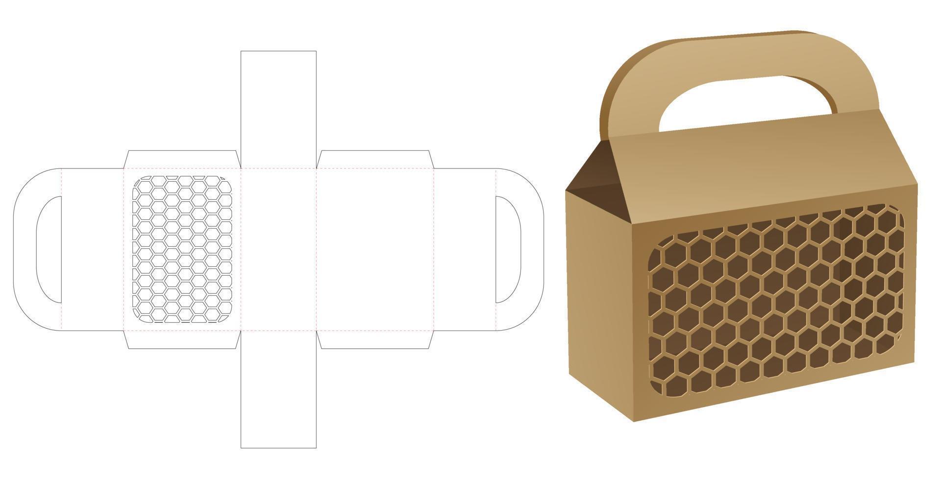 Handle bag box with hexagonal pattern die cut template and 3D mockup vector