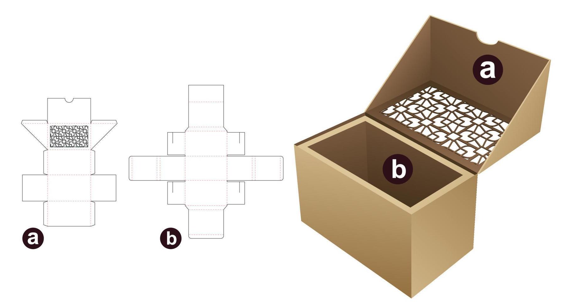 Caja de 2 piezas con plantilla troquelada con patrón estarcido y maqueta 3d vector