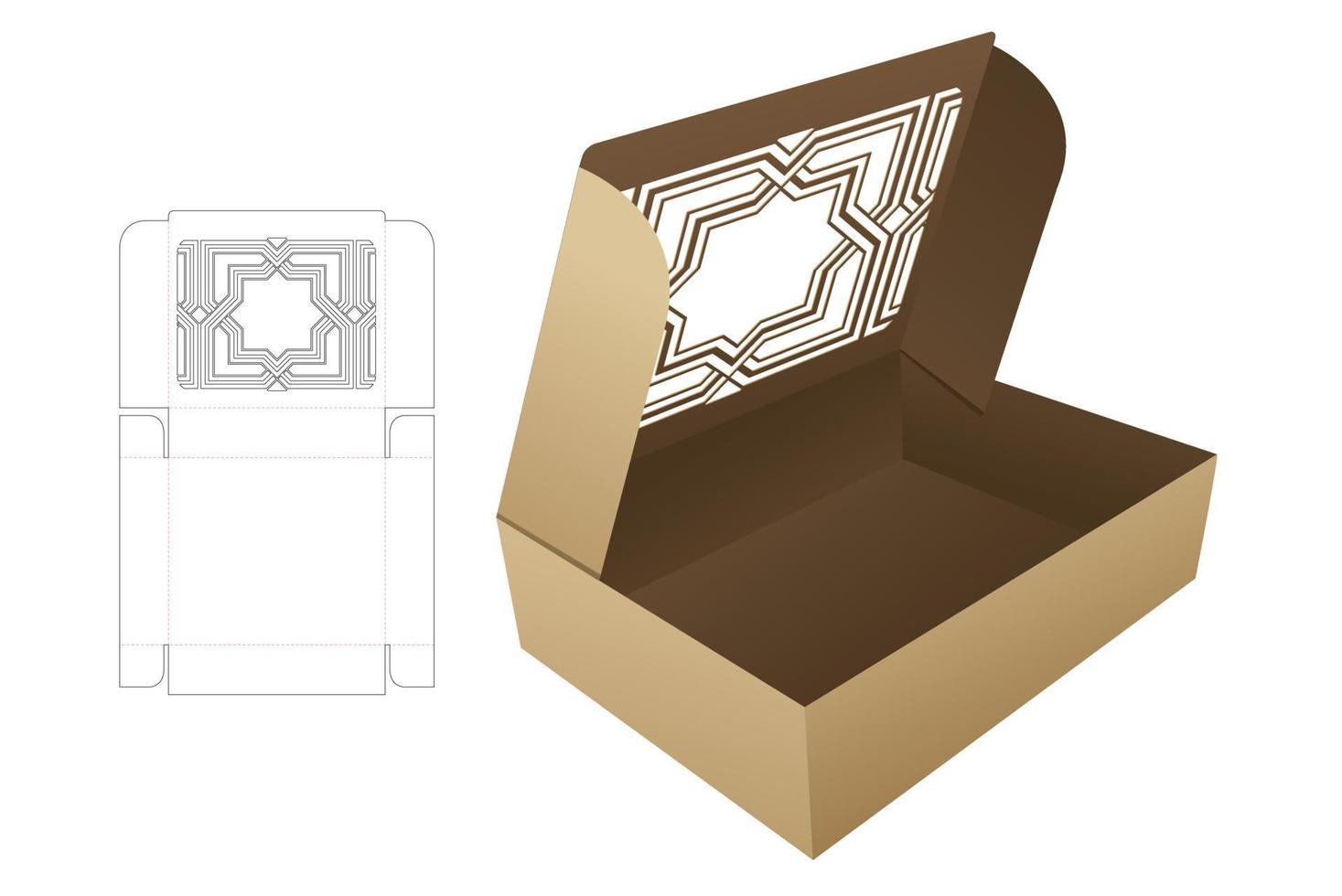 cardboard folding box with stenciled window die cut template and 3D mockup vector