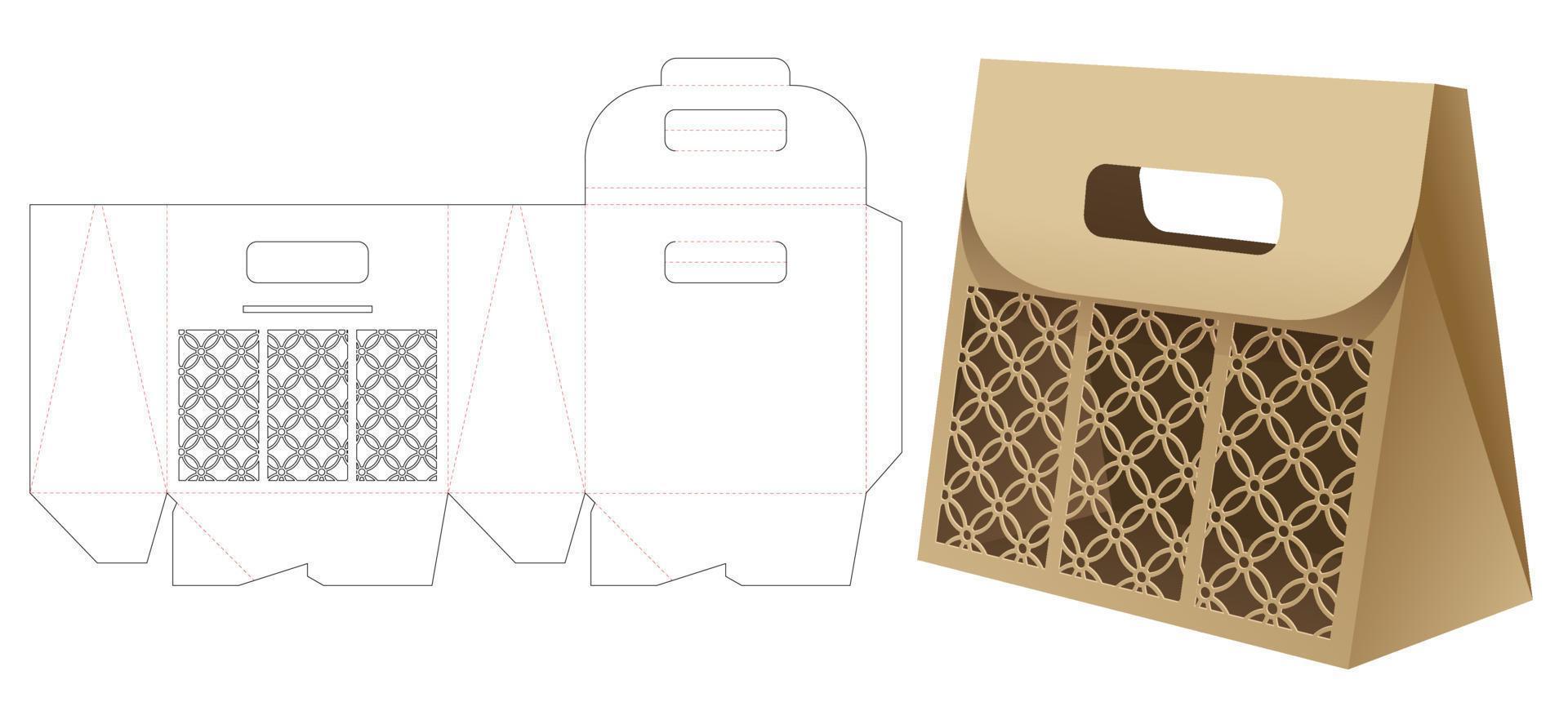 cardboard flip bag with stenciled window die cut template and 3D mockup vector